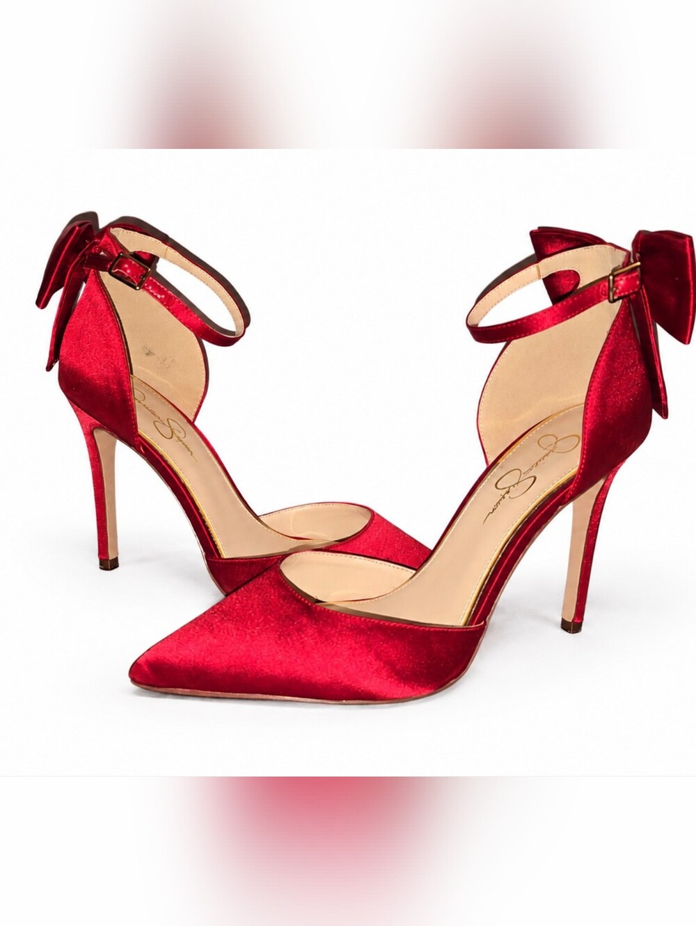 Jessica Simpson Polla Red Satin Bow Heels - Size 10M.